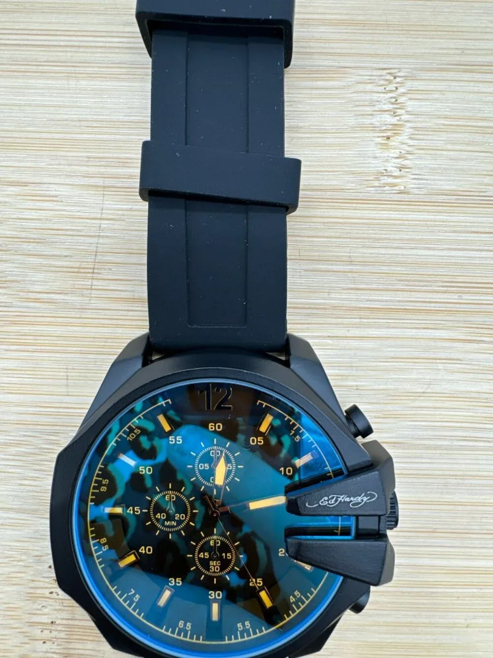 Ed Hardy Men's Black Watch Blue Amber Crystal Black Silicone Strap Quartz